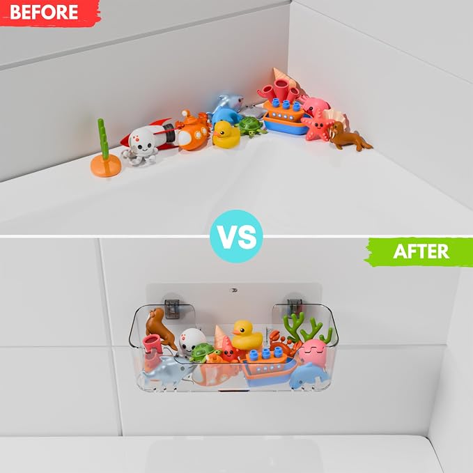 Bathtub Toy Storage, Clear Wall-Mounted Bath Toy Holder, No-Drill | 2 Adhesive Backplates Included, BPA-Free PET, Fast-Drain Design, Detachable, 13 lb Load Capacity - Image 3