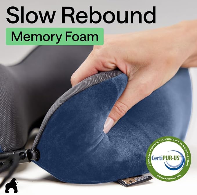 GORILLA GRIP Adjustable Travel Neck Pillow for Airplanes, CertiPUR-US® Memory Foam, Soft Velvet, Cooling Mesh Pillows, Support Headrest for Sleeping, Traveling Essentials Flight Accessories Navy Blue - Image 6