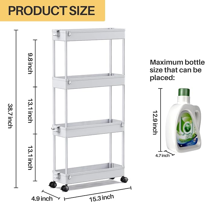 SPACEKEEPER Slim Rolling Storage Cart 4 Tier Bathroom Organizer Mobile Shelving Unit Storage Rolling Utility Cart Tower Rack for Kitchen Bathroom Laundry Narrow Places, Gray | Narrow Rolling Cart with Wheels for Kitchen Office Bathroom Laundry Room,Mob... - Image 4