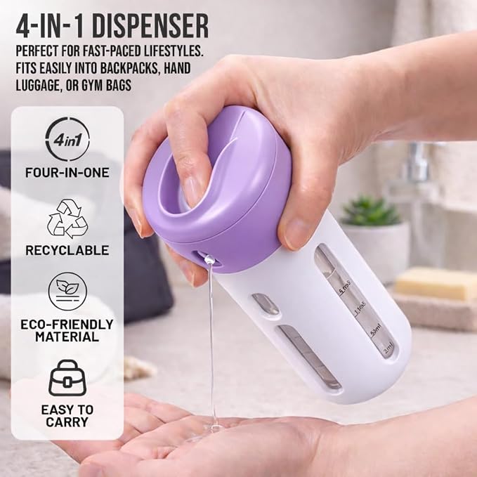 Travigo 4-in-1 Travel Dispenser Bottle, TSA Approved, Leak Proof, Four Reusable 1.4 oz. (40 mL) Toiletry Containers for Shampoo, Conditioner, Soap, Lotion, Skincare (Purple) - Image 2