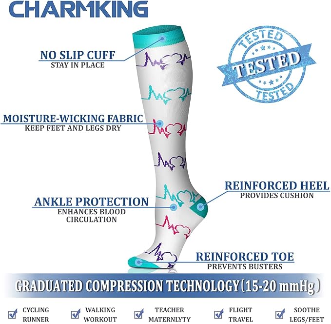 CHARMKING 6 Pairs-Compression Socks for Women & Men Circulation Best Support for Nurses, Running, Athletic,Flight Travel - Image 4