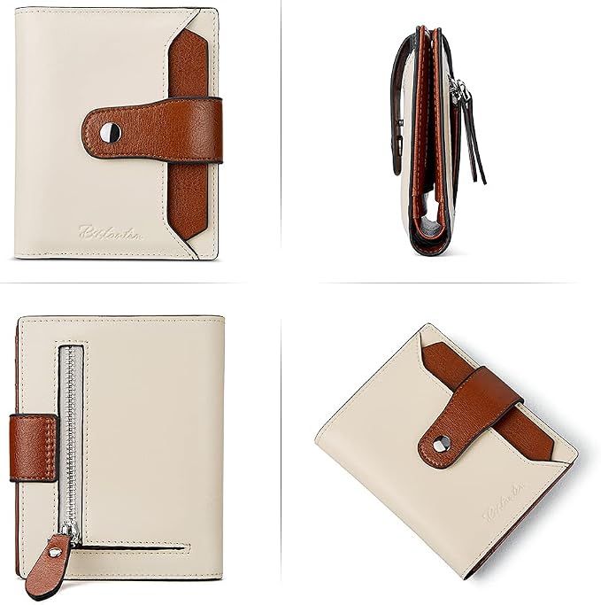 BOSTANTEN Leather Womens Wallet Small RFID Blocking Credit Card Holder | Removable ID Window, Zipper Coin Pocket, Bifold, Minimalist, Fits Small Purses, Daily Use, Ladies Gifts, Beige with Brown - Image 3