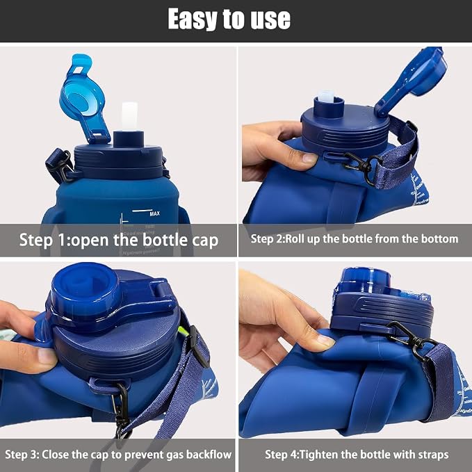 64oz Foldable Water Kettle - Straw & Motivational Time Marker, Half Gallon Silicone Reusable Bottle for Airport Travel, Outdoor Adventures & Home/Office (Blue) - Image 4