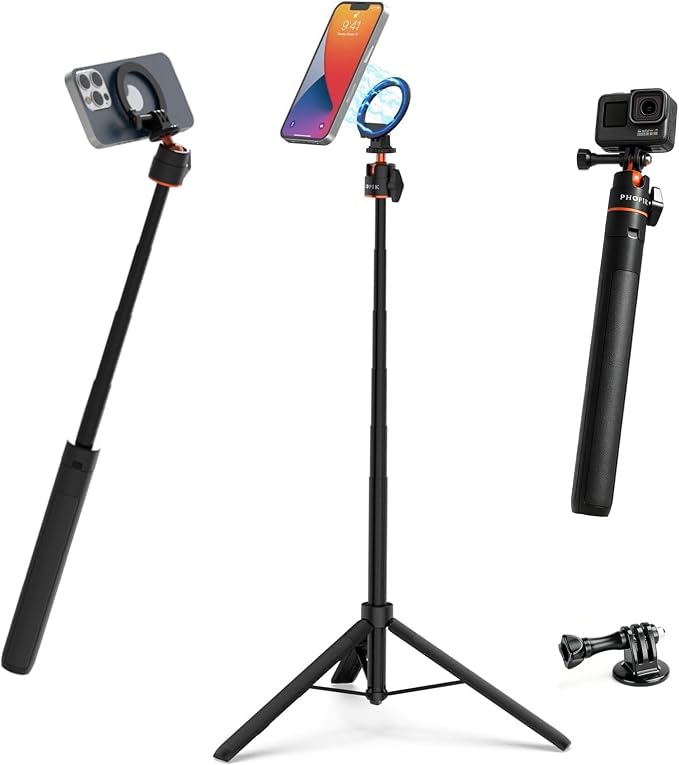 56" Magnetic Tripod for iPhone,Phone Tripod MagSafe Compatible with iPhone/Android,GoPro, DJI Osmo Pocket 3,Protable Selfie Stick Tripod for Vlogging, Video Recording,Travel Content Creators by PHOPIK