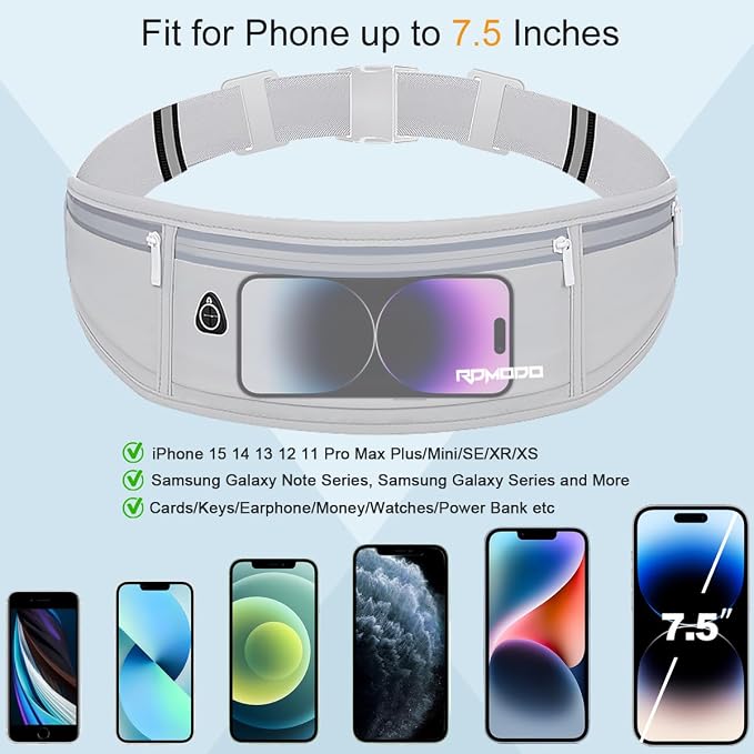 Water Resistant Fanny Pack, Slim Running Belt for Women Men, Grey | 3 Pockets Waist Bag, Running Phone Holder with Adjustable Band, Reflective Running Pouch for Walking Cycling, Fit Most Phone - Image 4