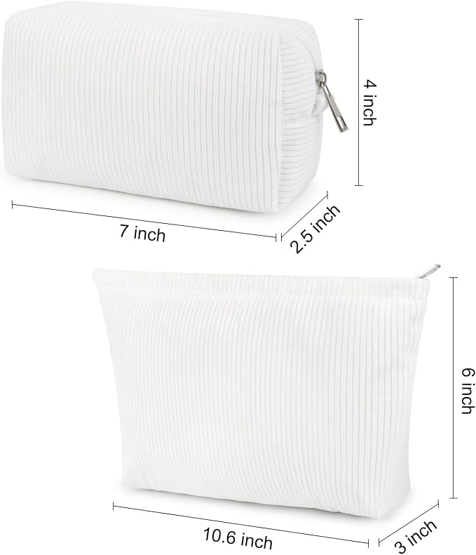 SOIDRAM 2 Pcs Corduroy Makeup Bag Large Cosmetic Bag Toiletry Bag Makeup Pouch Travel Bag Organizer Cute Makeup Brushes Aesthetic Accessories Storage Bag for Women White - Image 3