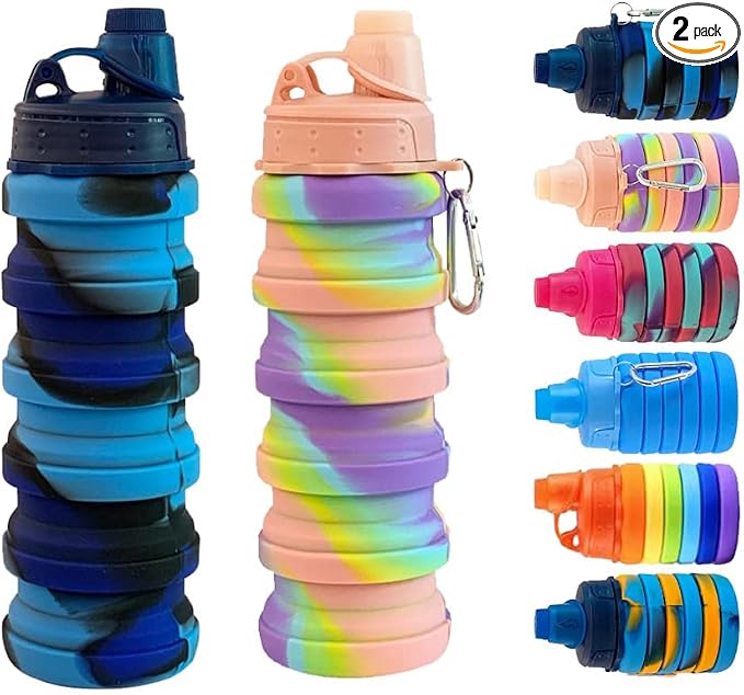 Collapsible Water Bottles 2 pack 500ML (Blue Camo + Pink) | Travel Water Bottle Portable Hiking Water Bottle with Leak proof Reusable BPA Free Silicone Water Bottles. by konlongzan