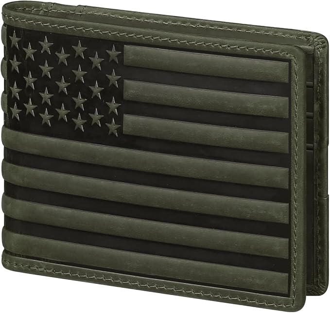 Wallet for Men-Genuine Leather RFID Blocking Bifold Stylish Wallet American Flag Wallet With 1 ID Window (Green, Without ID Window) by GERUOLA