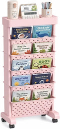 BYFU 6-Tier Movable Bookshelf Cart, Pink | Rolling Wheels, File Paper Storage Organizer, Mobile Bookcase, For Home Office Study Classroom by BYFU-livingasimplelife