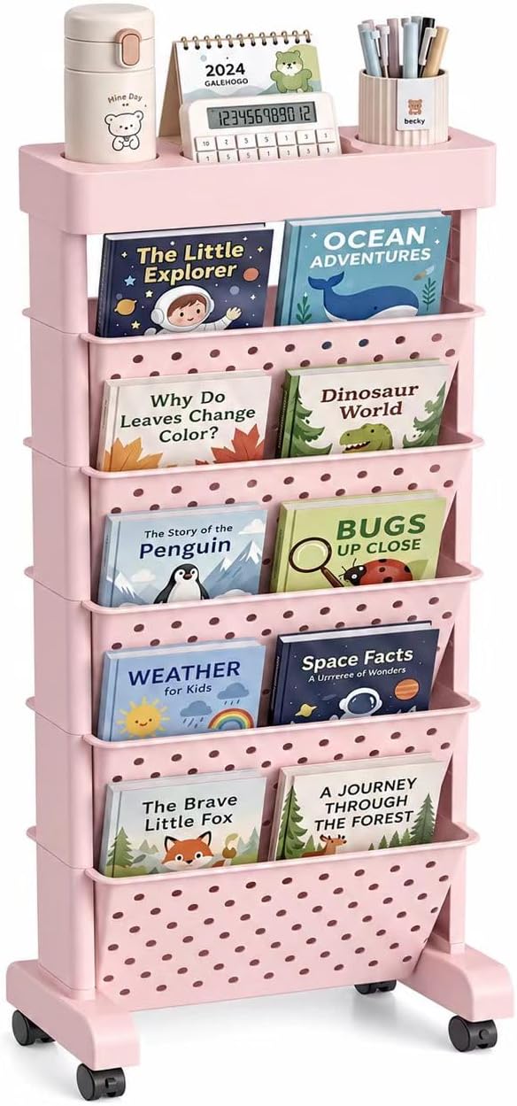 BYFU 6-Tier Movable Bookshelf Cart, Pink | Rolling Wheels, File Paper Storage Organizer, Mobile Bookcase, For Home Office Study Classroom by BYFU-livingasimplelife