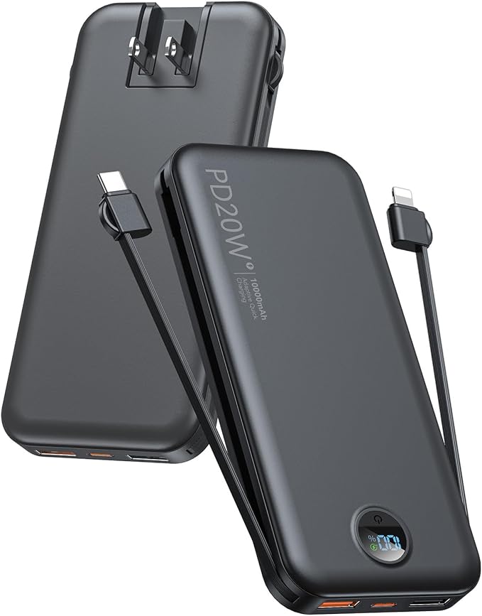 citicr Portable Charger 10000mAh PD20W w/Built-in Cables & Wall Plug Black | Fast charging, Built-in wall plug, LED display, Charge 5 devices at once, Pass through charging, TSA approved, Pocket size by CITICR