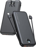 citicr Portable Charger 10000mAh PD20W w/Built-in Cables & Wall Plug Black | Fast charging, Built-in wall plug, LED display, Charge 5 devices at once, Pass through charging, TSA approved, Pocket size by CITICR