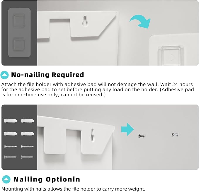 JOMOLA No Drilling File Holder 5 Pack Mail Organizer Wall Mount File Organizer Holder Office Wall Hanging Files Magazines Organizer Plastic Door Mount Wall Pocket with Adhesive Pad, White Color - Image 3
