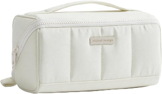 NISHEL Travel Makeup Bag for women, Organizer Pouch Cosmetic Case | Open-flat design keeps cosmetics, brushes, and beauty tools organized for travel and daily routines, Medium, Beige by NISHEL
