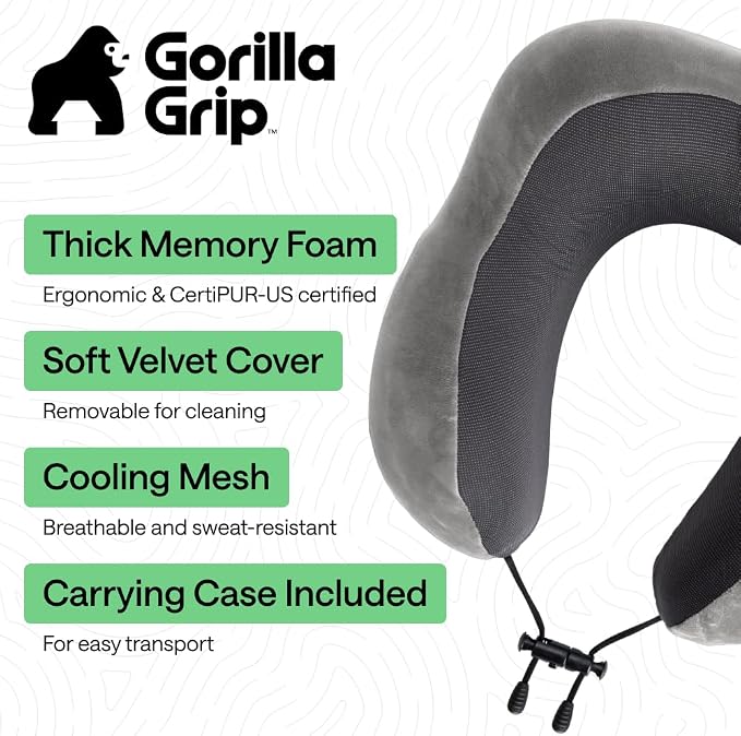 GORILLA GRIP Adjustable Travel Neck Pillow for Airplanes, CertiPUR-US® Memory Foam, Soft Velvet and Cooling Mesh Pillows, Support Headrest for Sleeping, Traveling Essentials, Flight Accessories, Gray - Image 2