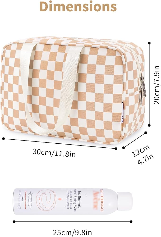 Narwey Large Travel Toiletry Bag Women, Checkered Makeup Bag with Handle, Portable Make up Cosmetic bag Organizer, Travel Bag for Toiletries, Skincare, Medicine, Essentials (Light Checkerboard, Large) - Image 4