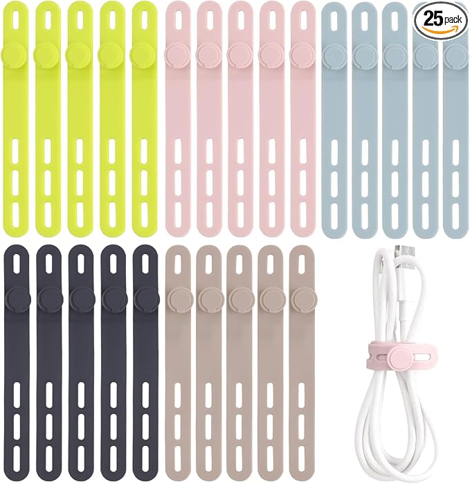 Oligei 25 Pcs Silicone Cable Ties, Cable Ties Reusable, High Elasticity Cord Wraps for Electrical Cords, Cord Organizer for Earphone, Phone Charger(Colorful) by Oligei