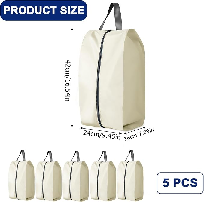 5Pcs XL Travel Shoe Bags Portable Travel Gifts Shoe Organizer with Zipper Closure, Waterproof Nylon Shoe Storage Organizer with Handle Travel Bags For Men and Women, Beige - Image 2