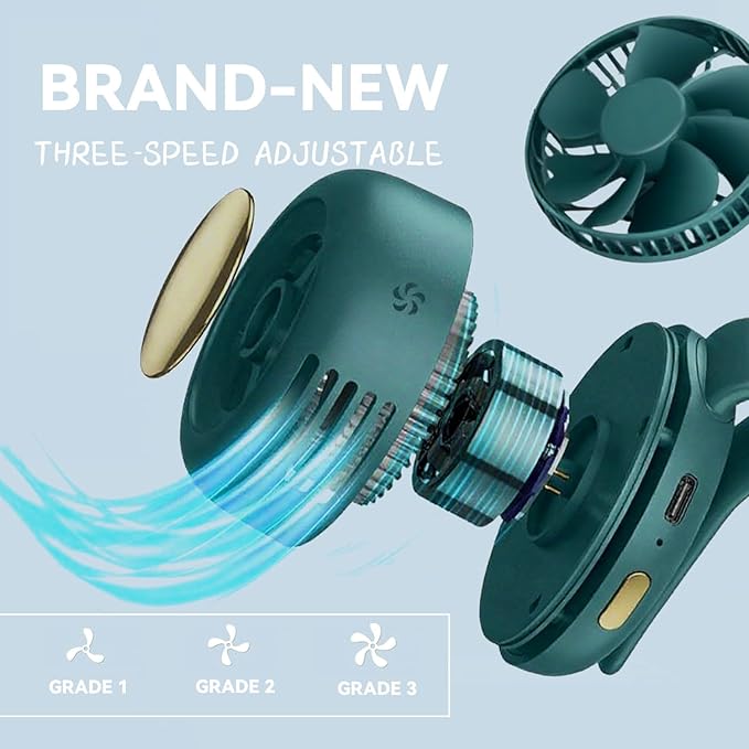 Portable silent mini bladeless fan 3-speed clip-on fan 360° rotatable, suitable for outdoor, travel and office use, travel accessory (Green) - Image 2