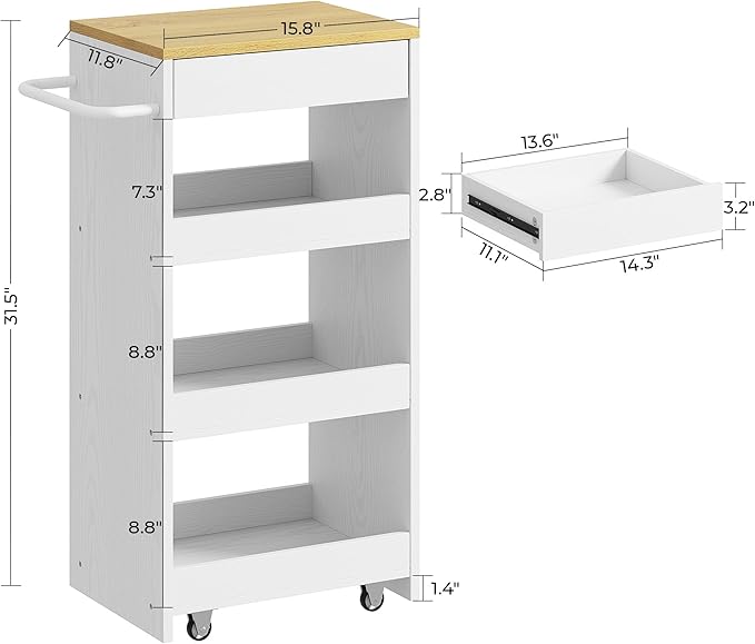 IRONCK Slim Storage Rolling Cart with Drawer and Handle, 11.8" W White | Wood Storage Cart on Wheels with Handle, 4 Tier Utility Cart Compact 11.8" Wide, Fits Kitchen Laundry Bathroom - Image 2