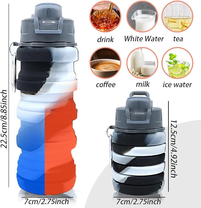 Silicone Collapsible Water Bottles, 16oz Portable Foldable Expandable Water Bottle Sports Cups, Leak Proof Reusable BPA Free, for Outdoor Activities Travel(Black white) - Image 2