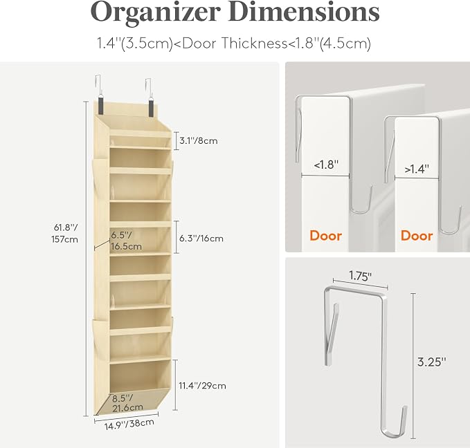 Lifewit 1 Pack Over the Door Organizer, 6 Section Clear Window Hanging Storage with 4 Side Pockets, Sturdy Anti Tilt 40 lbs Load Behind Door for Closet, Bedroom, Bathroom, Nursery, Dorm, Beige - Image 2
