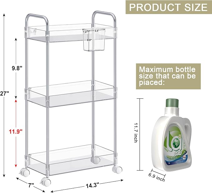 SPACEKEEPER 3 Tier Acrylic Storage Rolling Cart Clear Bathroom Cart Organizer, Transparency Laundry Room Organization Mobile Shelving Unit Multifunction Rolling Utility Cart for Office Living Room | Clear Utility Cart for Laundry Room,Kitchen,Office,Ba... - Image 2