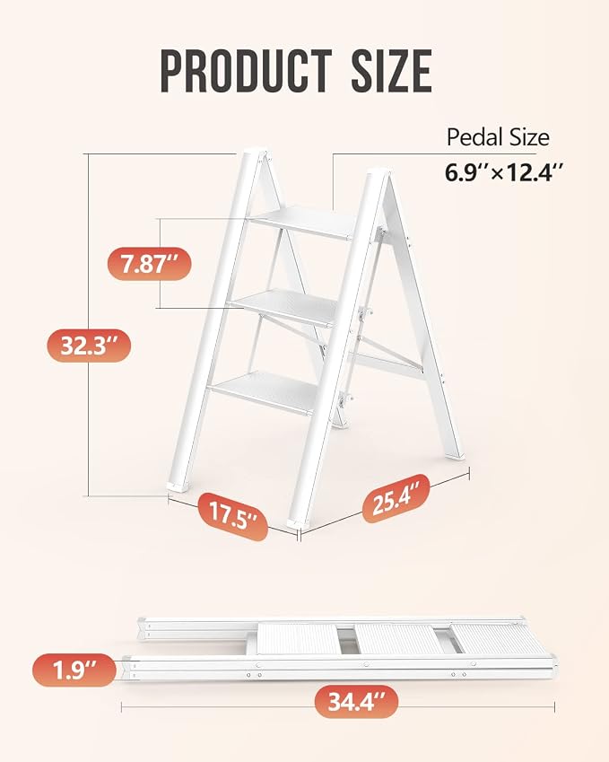 3 Step Ladder, Foldable Step Stool, 300lbs Load, White | Folded 35''H x 2''T; Net 8 lbs; Rigid Aluminum Steps; No Assembly; For Home, Kitchen, Office, Pantry, Closets, Cabinets - Image 4