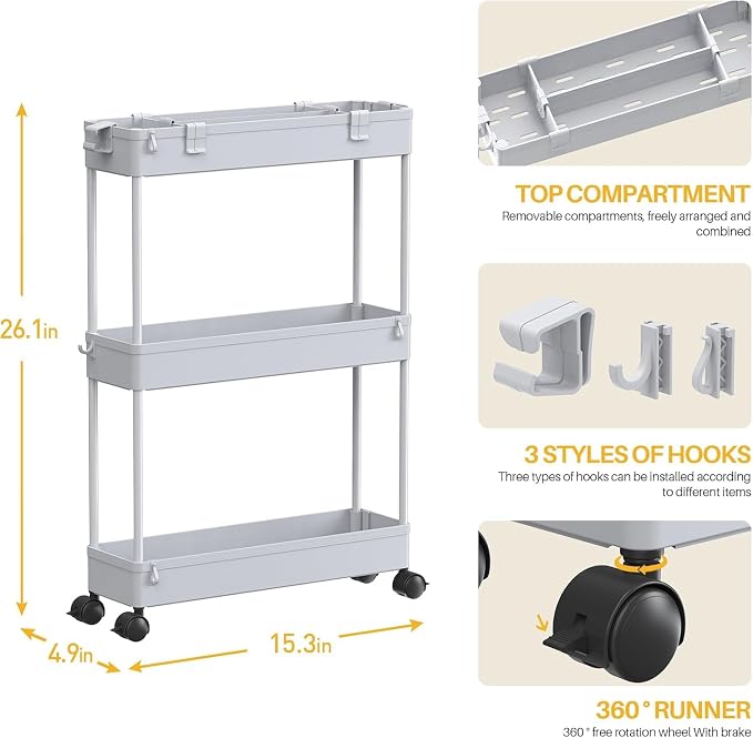 2-piece Set Slim Storage Cart 3 Tier,Bathroom Organizer Rolling Utility,Mobile Shelving Unit Slide Out for Office, Kitchen, Laundry Room & Narrow Places - Image 2