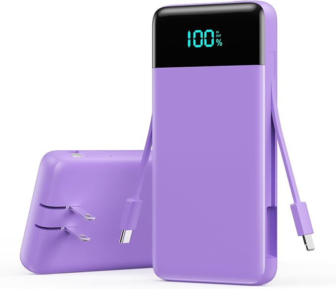 Portable Charger with Built-in AC Plug and Cables,13800mAh All in One USB C Fast Charging Power Bank,Travel Essentials Portable Phone Charger Battery Pack for iPhone 17/16/15/13,Galaxy,Android-Purple by YHO