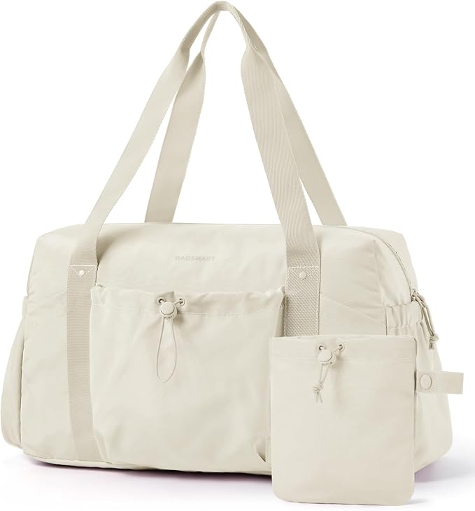 BAGSMART Foldable Travel Duffle Bag for Women, Gym Tote for Sports, Beige | 26L Airport Carry On Weekender Overnight Bag for Travel, Travel Accessories by BAGSMART