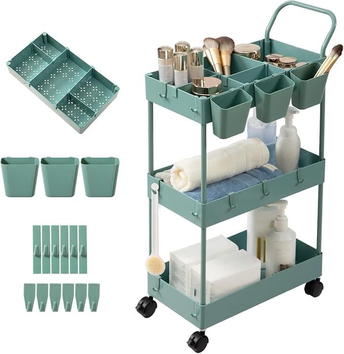 danpinera Storage Cart on Wheels, 3 Tier Bathroom Cart Organizer Slim Laundry Narrow Shelf with Wheels Dividers Hanging Cups Hooks Handle Easy Assembly, Green by danpinera