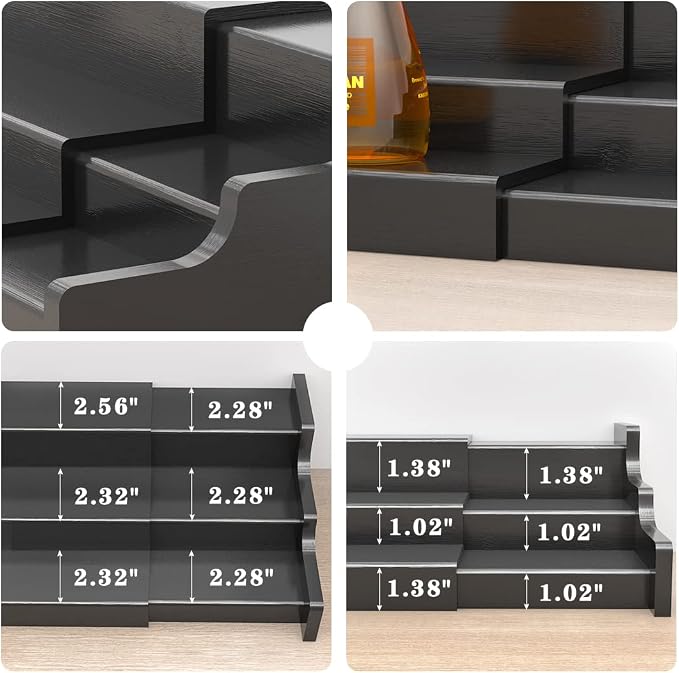Spice Rack Organizer For Cabinet - 3 Tier Black Bamboo Wooden Expandable Display Shelf from 12.70 to 22.20 inch - Image 6