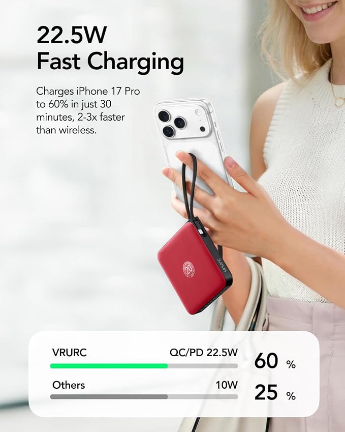 VRURC 10000mAh Portable Charger Power Bank Built-in Cables | Travel Essentials,22.5W Fast Charging,LED Display,Slim,for iPhone 17/16/15 Series & Samsung Series,Battery Pack-Red - Image 3