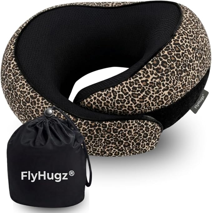 FlyHugz® Neck Travel Pillow Memory Foam Neck Pillow for Comfort on Airplane Compact and Ergonomic Design for Travel, Car Rides, and Home Use Ideal for Adults and Kids. (Leopard Print) by FlyHugz%C2%AE