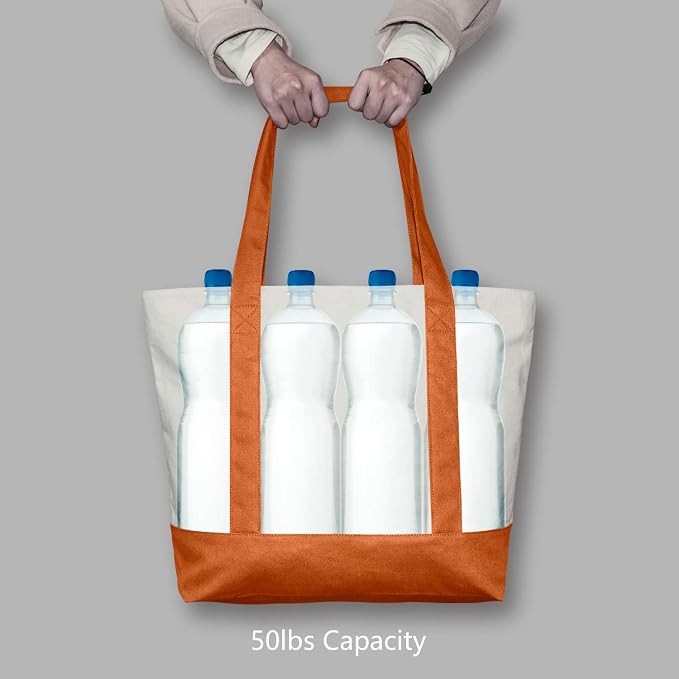 TOPDesign 6-Pack Canvas Tote Bags with an External Pocket, Reusable Grocery Shopping Bags, Top Zipper Closure, Daily Essentials (Orange/Natural) - Image 6