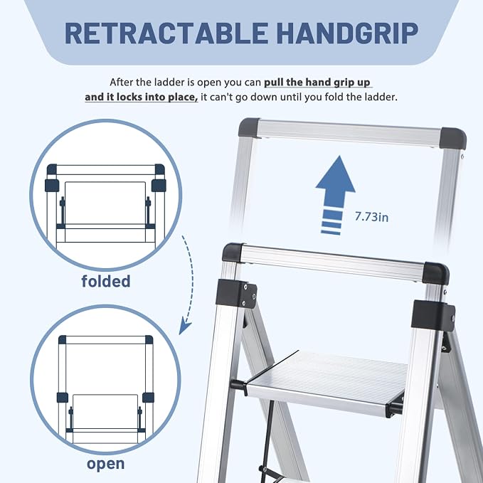 5 Step Ladder, Aluminum Folding Stool with Retractable Handgrip | 330 lbs Heavy Duty | Slim 2.5" Fold | Removable Tool Tray | Non-Slip Pedals | For Tall Cabinets, Ceiling Cleaning & Garage - Image 3