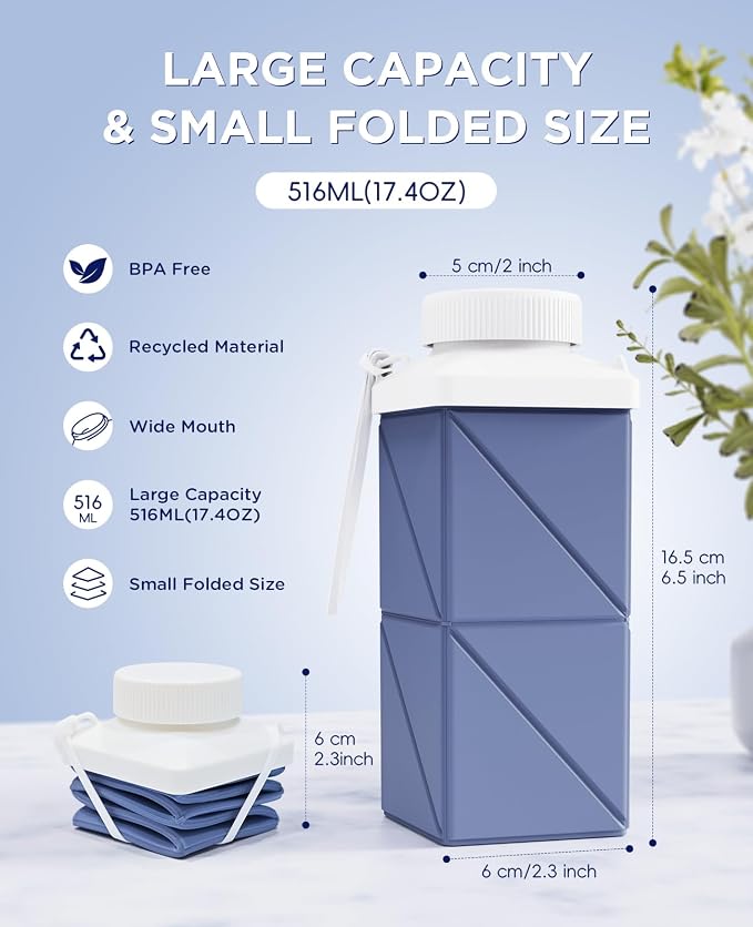 Collapsible Water Bottles 17.4oz(516ML), 2nd Generation Leakproof BPA-Free Travel Water Bottle,Lightweight Reusable Water bottle, Portable for Travel Cycling Camping Sports, DarkBlue,1 Pack - Image 2