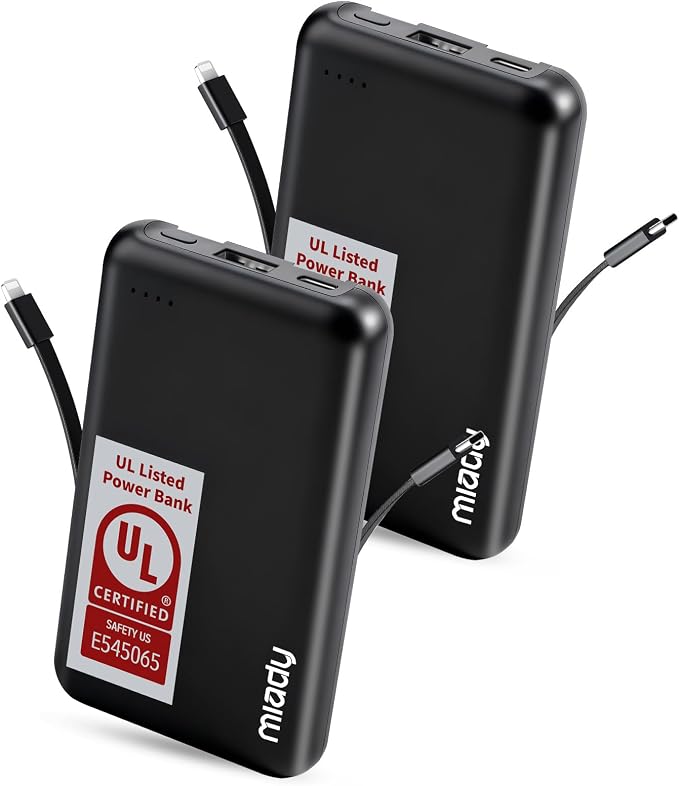 Miady UL Listed 2-Pack Small Portable Charger 5000mAh Power Bank for Travel | 18.5Wh丨Built-in 2 Cables丨3 Outputs 2 Inputs丨Compatible with iPhone Android etc丨Flight-Safe丨for Backpack Campingl丨Black+Black by Miady
