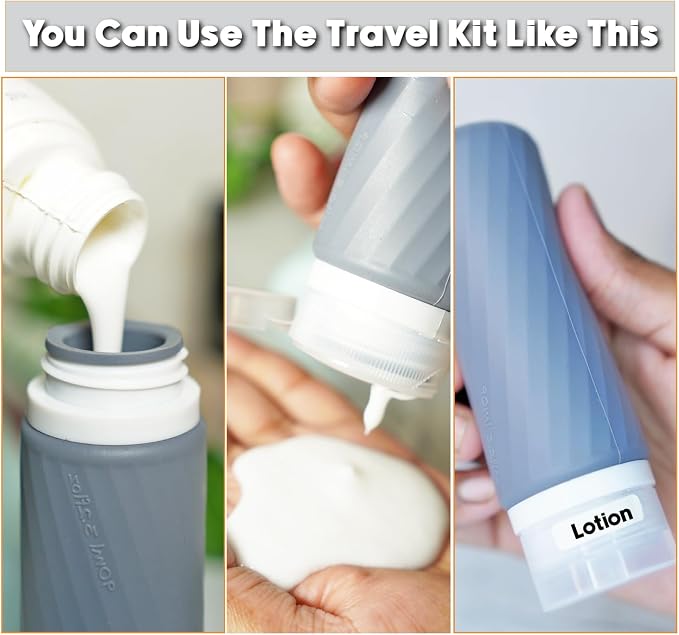 Laxen 5 Pack Travel Bottles for Toiletries with Clear Bag, Leak Proof, Refillable, TSA Approved Silicone Travel Containers for Shampoo and Conditioner, Travel Essentials Toiletry Bottles - Image 6