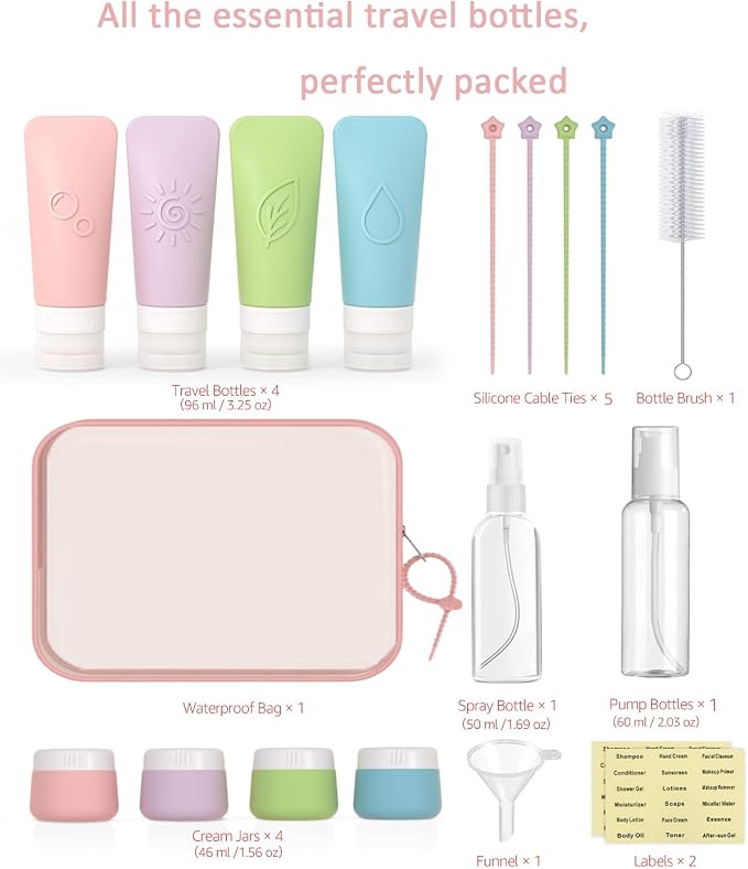 20-Piece Silicone Travel Bottles Set – TSA Approved Leakproof Toiletry Kit with Flat Easy-Squeeze Bottles, Tactile Icons, Cream Jars, Pump & Spray, Cleaning Brush | 20-Piece Silicone Bottles Set,TSA Approved Leakproof,Easy-Squeeze Bottles,Come with Pum... - Image 2