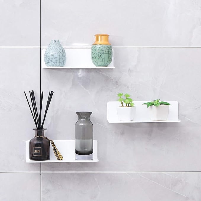 9 Inch Acrylic Floating Shelves Set of 4,Small Wall Display Shelf for Bluetooth Speakers/Security Cameras/Nintendo Switch/Action Figures,Damage-Free Wall Shelves Stick-On Shelf,White - Image 2