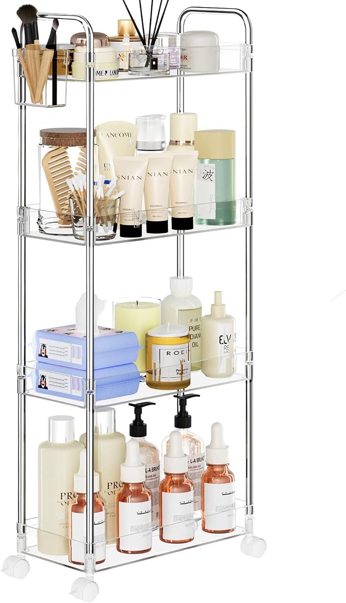SPACEKEEPER Acrylic Storage Rolling Cart, 4 Tier Bathroom Cart Organizer | Clear Utility Cart for Laundry Room,Kitchen,Office,Bathroom, Transparency Storage Cart for Snack,Craft,Art,Makeup,Nail,Toys by SPACEKEEPER