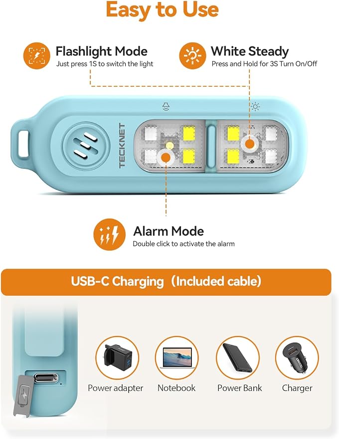 TECKNET Personal Safety Alarm 135dB with SOS Strobe Light for Women - Rechargeable& IPX4 Waterproof Running Lights with Clip On Torch & Low Battery Notice, Safety Siren for Running, Travel Kids, Blue - Image 6