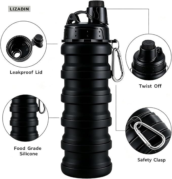 Collapsible Water Bottles 2Pack,17OZ Silicone Bottle (Black+camoBYR) | 500ml Reusable silicone Collapsible Water Bottles for Traveling with Carabiner,Leak-Proof ,BFA -Free ,Sport Camping Hiking - Image 6
