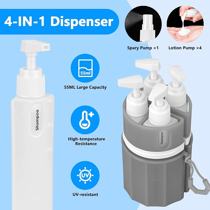 4 in 1 Travel Dispenser Bottles, TSA Approved Leak Proof Refillable Toiletry Containers with Vacuum Suction Cup for Smooth Walls, Portable Empty Bottle Set for Shampoo Conditioner Body Wash - Image 2