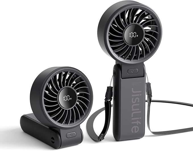 JISULIFE Portable Handheld Fan Life7: 3-in-1 Hand, Desk & Neck Fan-Black | 19.5H Max Cooling, 5-Speed, LED Display, 5000mAh Rechargeable,USB Foldable Fan for Travel/Concerts/Cruise/Sports Events/Gifts by LivechillStaycool