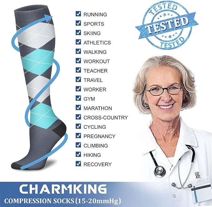 CHARMKING Compression Socks for Women & Men Circulation (8 Pairs) 15-20 mmHg Best Calf Socks Support for Athletic Cycling - Image 5