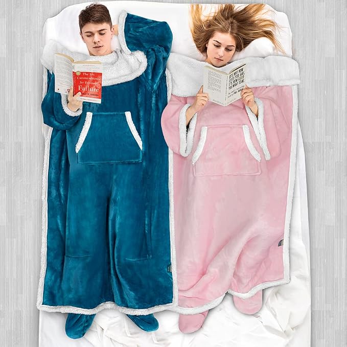 PAVILIA Sherpa Blanket with Sleeves, Foot Pocket for Women Men Adults, Thick Wearable Blanket Throw Wrap, Fleece Warm Snuggle Blanket Robe, Cozy Gift Ideas Wife Mom, Teal Blue - Image 5