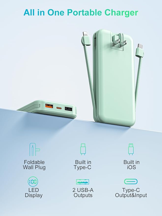 citicr Portable Charger 10000mAh PD20W w/Built-in Cables & Wall Plug Green | Fast charging, Built-in wall plug, LED display, Charge 5 devices at once, Pass through charging, TSA approved, Pocket size - Image 9